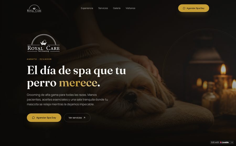 Vista previa de Royal Care: Landing premium de spa para perros con servicios y reserva por WhatsApp.