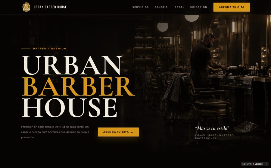 Vista previa de Urban Barber House: Landing de barbería con calendario para reservar cita y mapa del local.