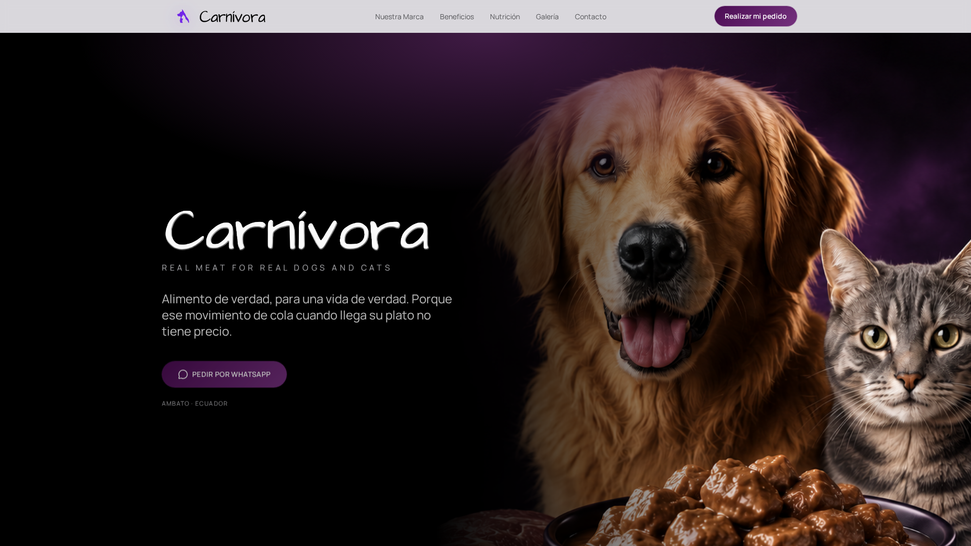 Vista previa de Carnívora: Alimento húmedo natural para perros y gatos — landing de venta directa por WhatsApp.