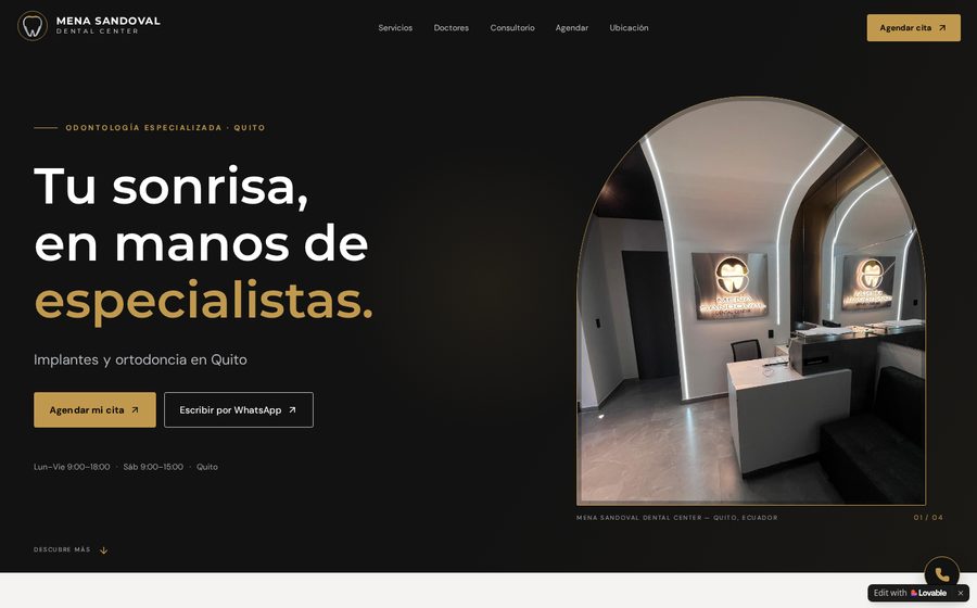Vista previa de Mena Sandoval Dental Center: Sitio de consultorio dental con servicios, doctores y agenda de citas.